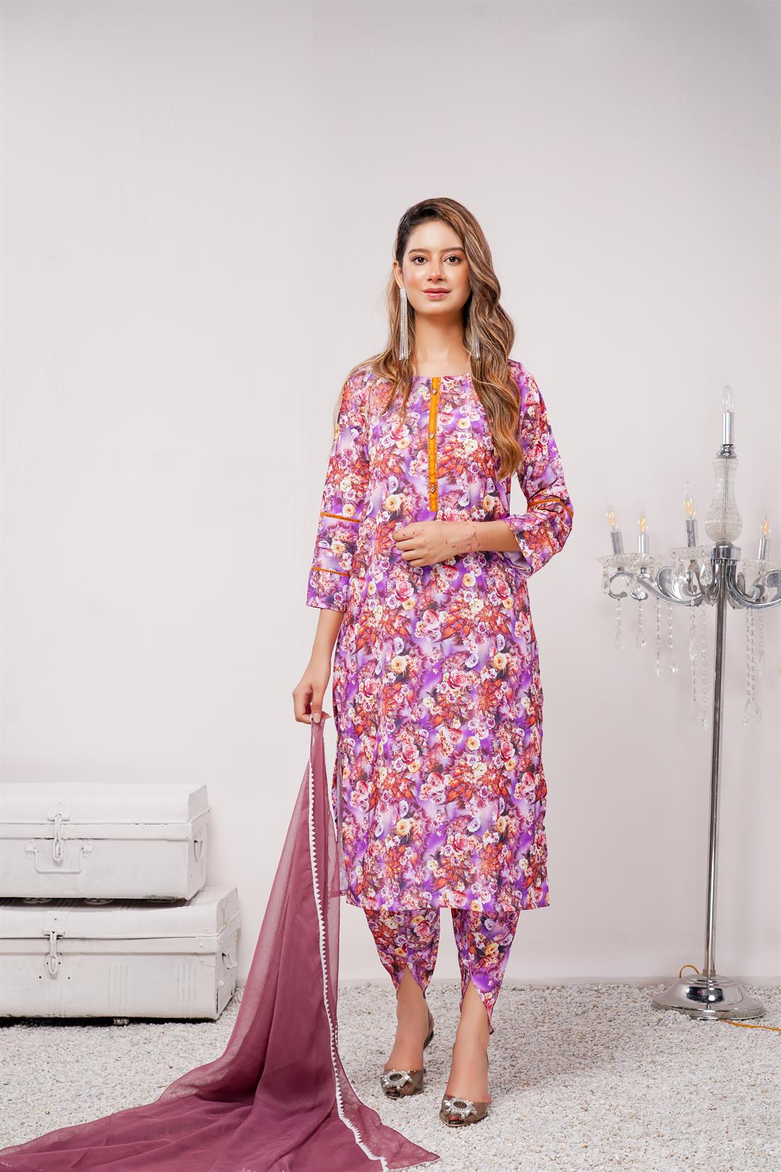 Purple & Multicolour Printed Chiffon Ladies Readymade