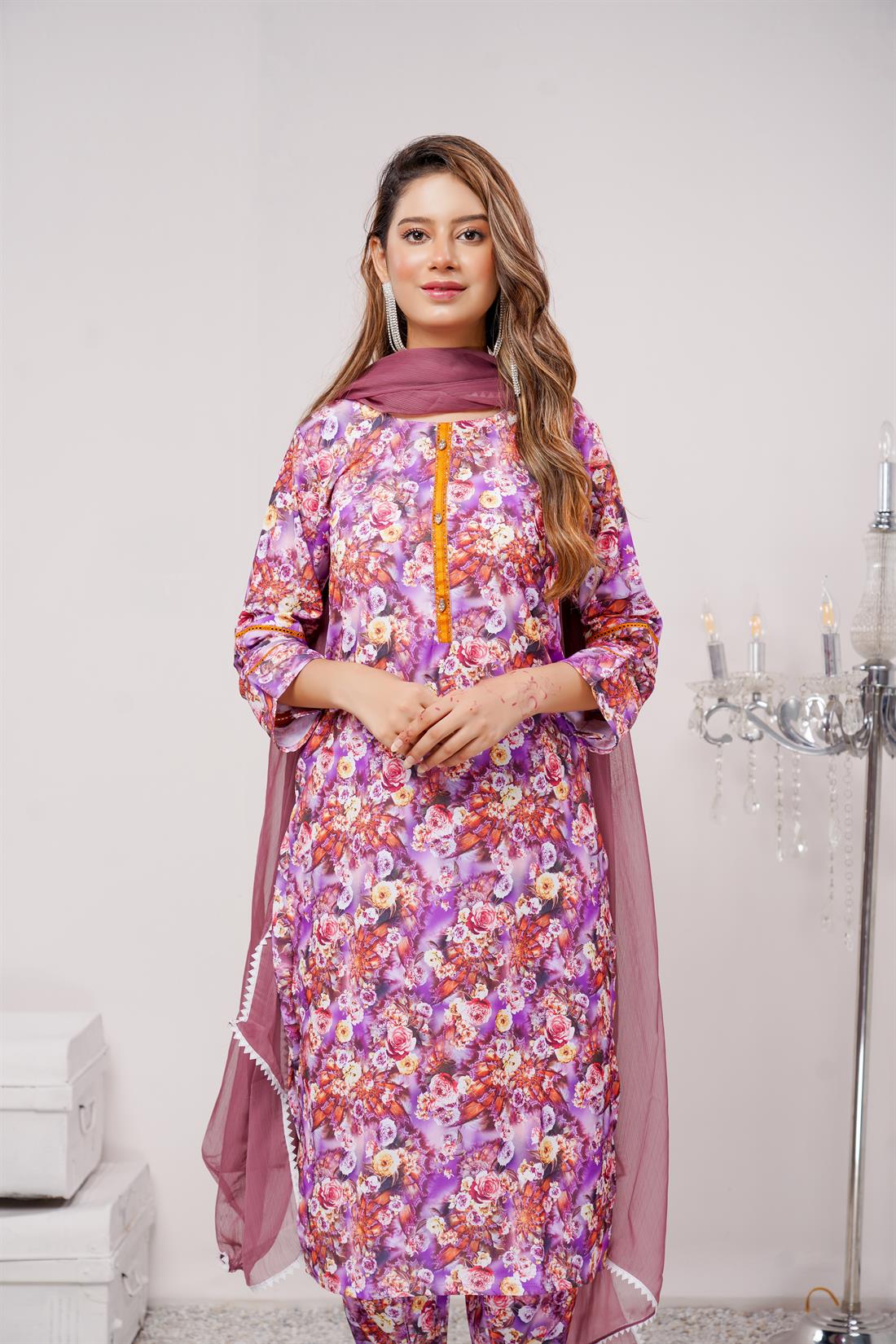 Purple & Multicolour Printed Chiffon Ladies Readymade