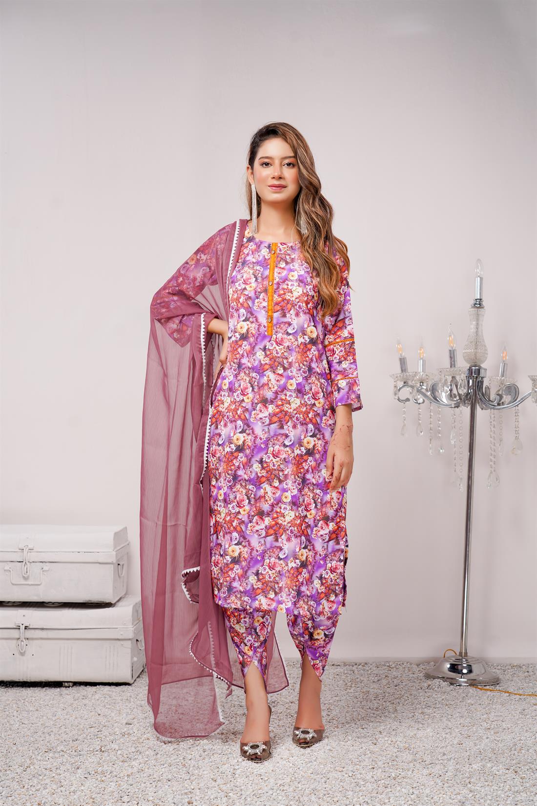 Purple & Multicolour Printed Chiffon Ladies Readymade