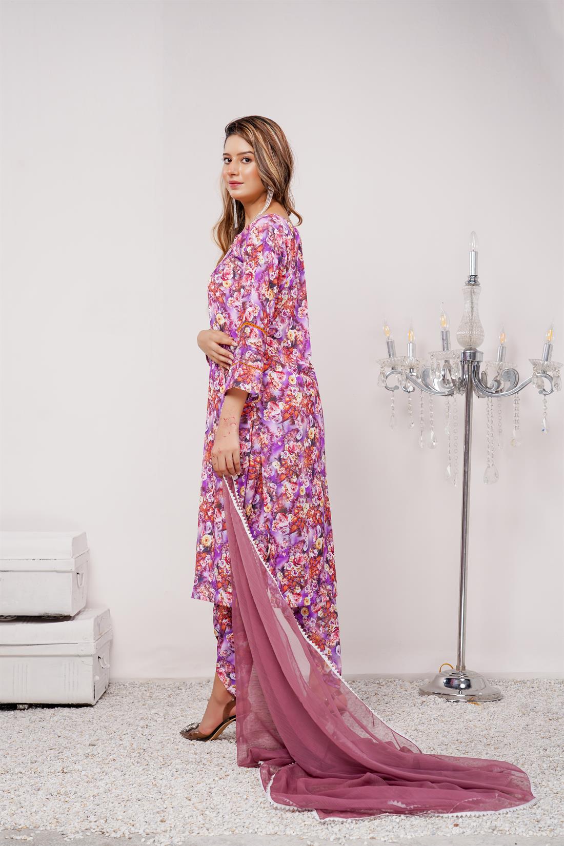 Purple & Multicolour Printed Chiffon Ladies Readymade