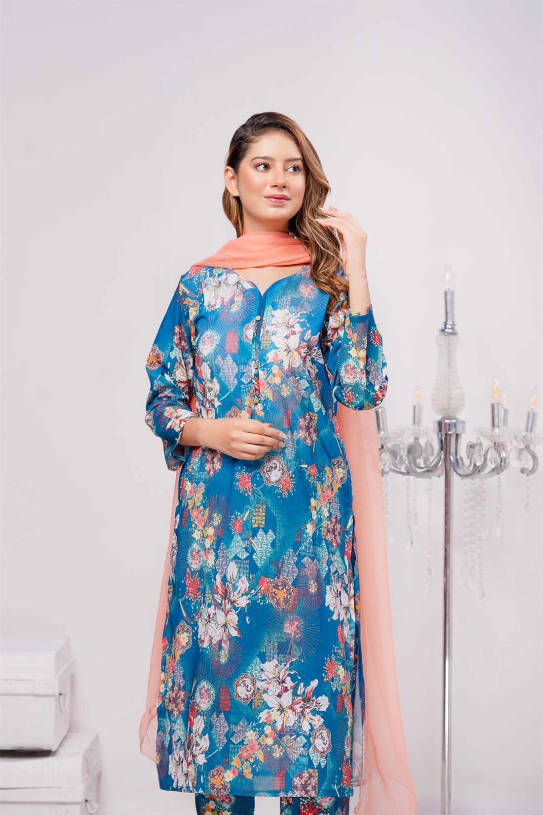 Teal Printed Chiffon Ladies Readymade