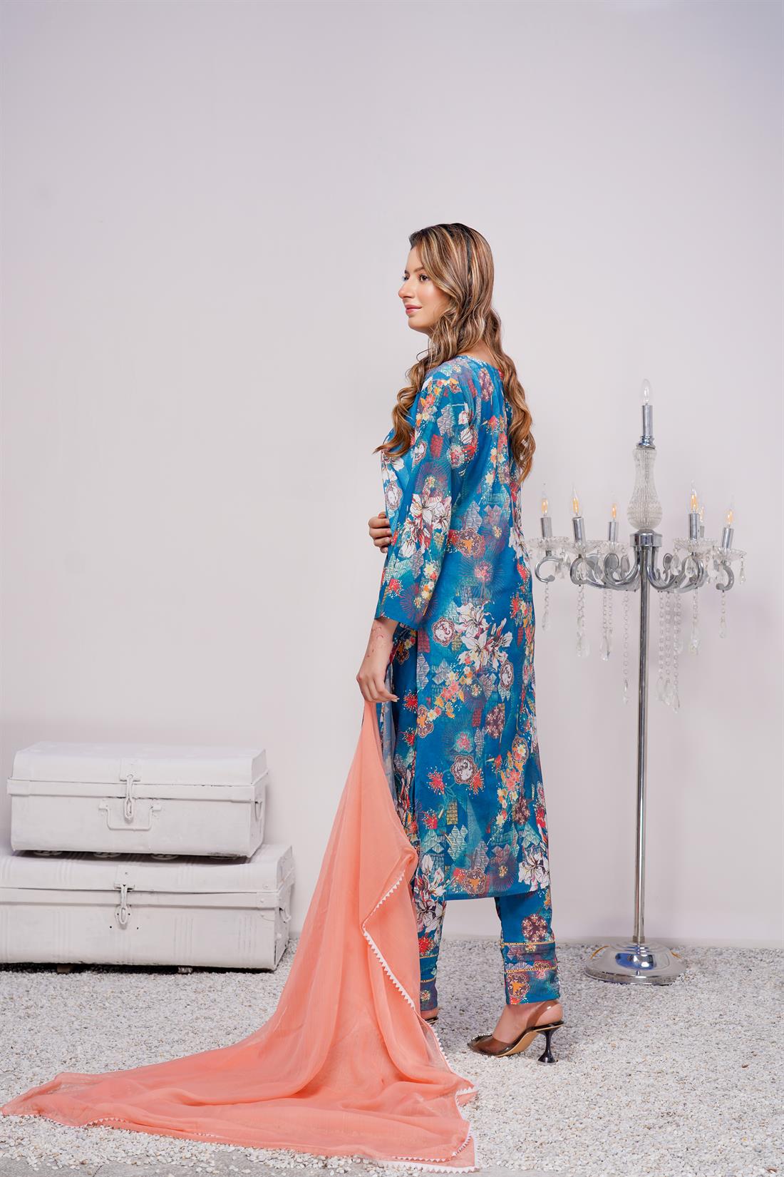 Teal Printed Chiffon Ladies Readymade