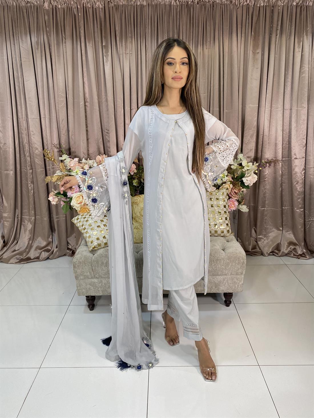Light Grey Chiffon Open Jacket with Embroidered Bell Sleeves.