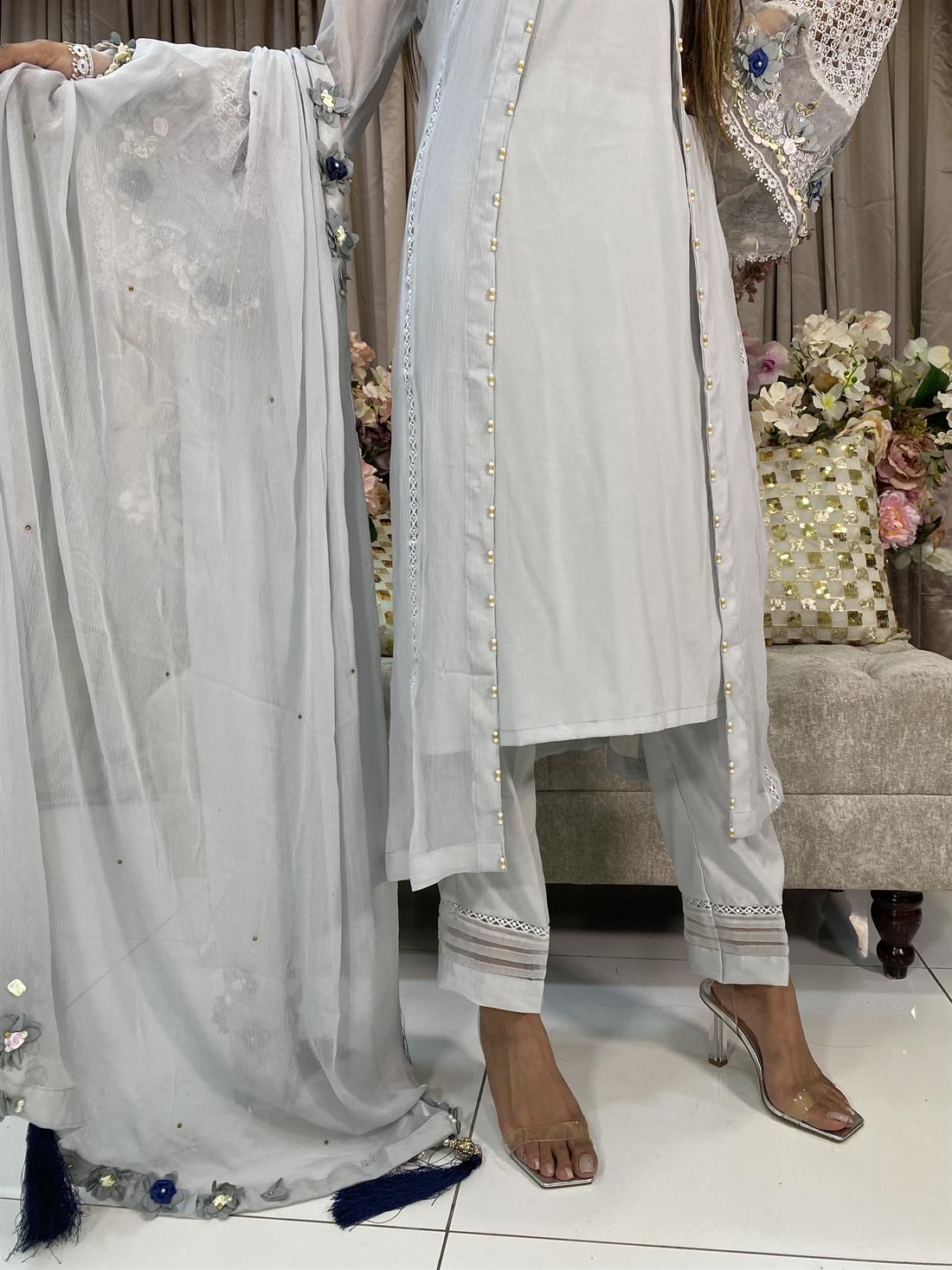 Light Grey Chiffon Open Jacket with Embroidered Bell Sleeves.