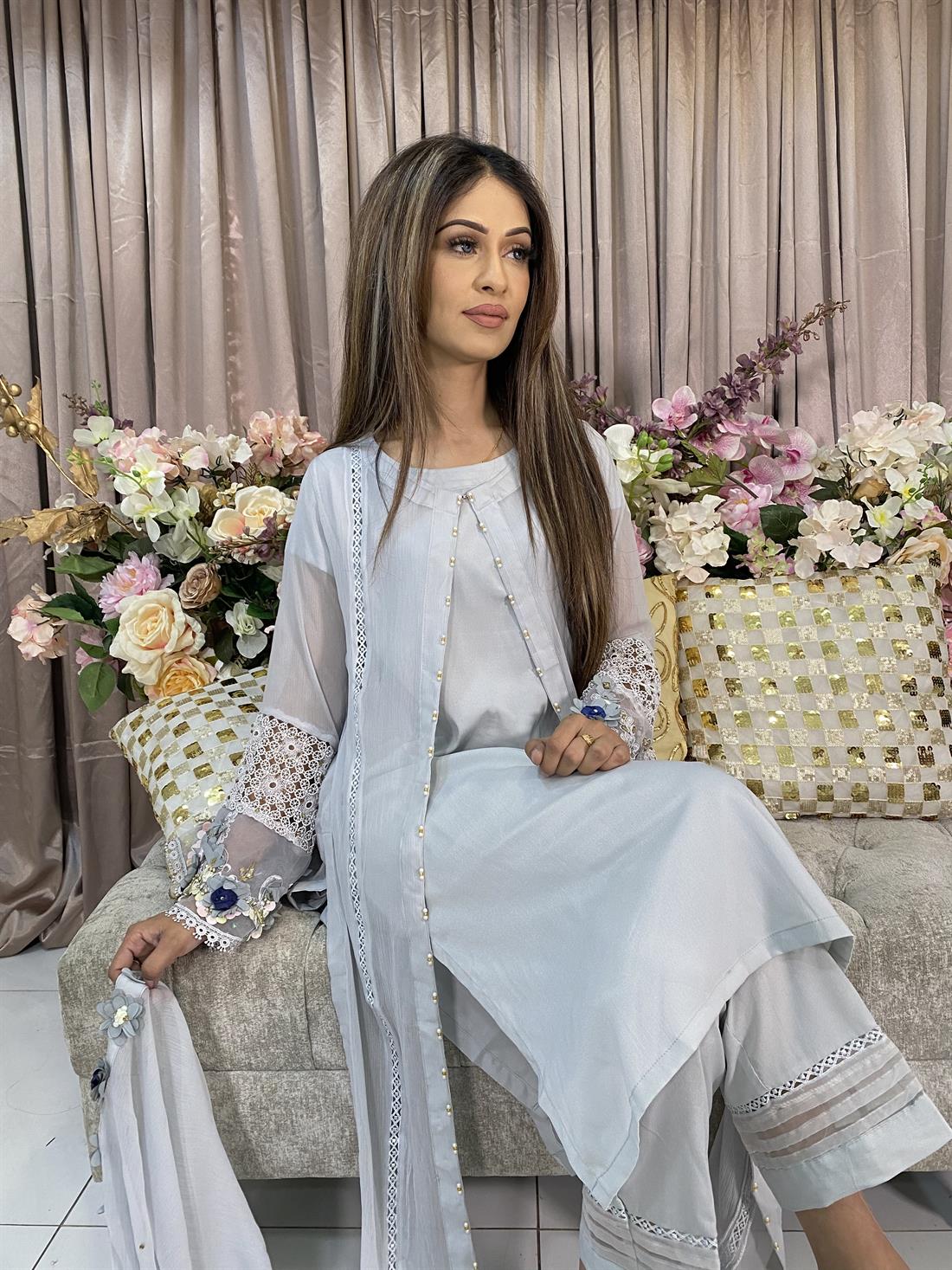Light Grey Chiffon Open Jacket with Embroidered Bell Sleeves.