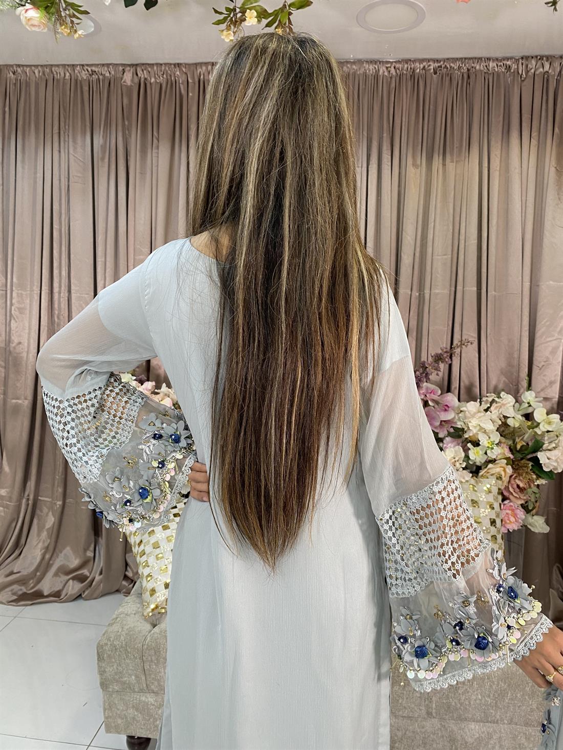 Light Grey Chiffon Open Jacket with Embroidered Bell Sleeves.