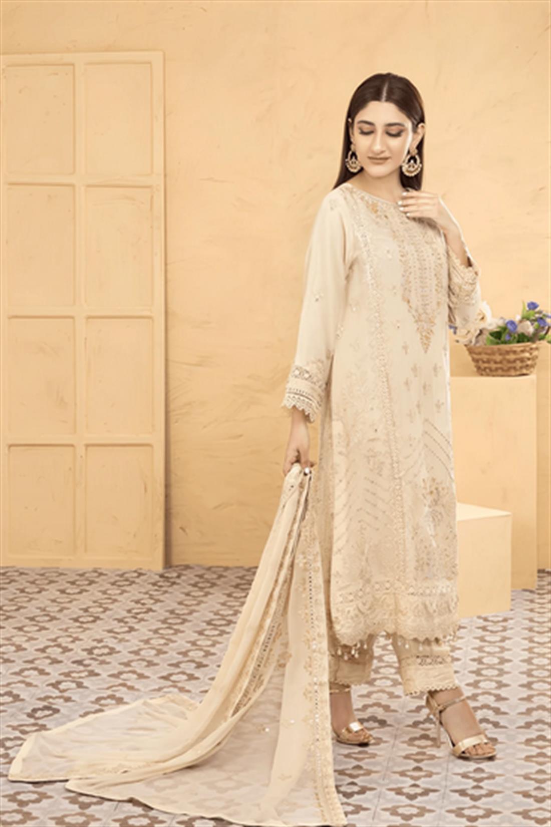 Beige Embroidered Raw Silk 3Piece Handwork Chiffon Dresses