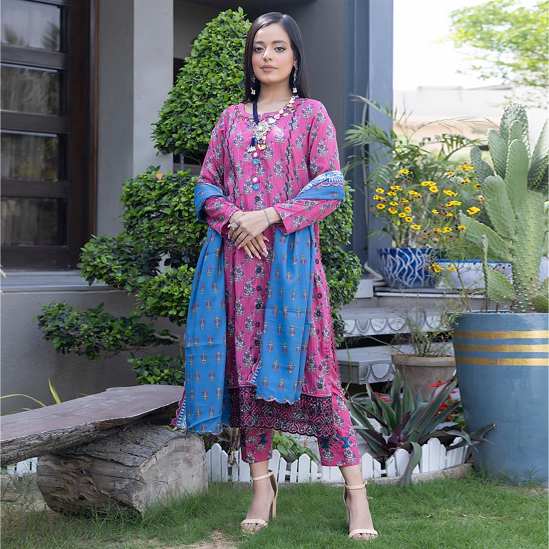 Pink & Blue Embroidered Lawn 3 Piece Suit