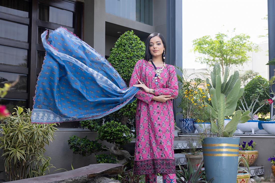 Pink & Blue Embroidered Lawn 3 Piece Suit