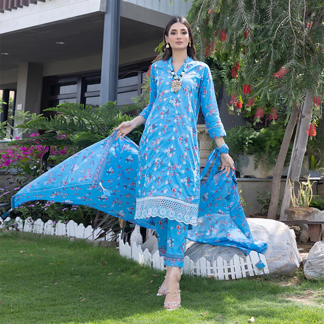 Sky Blue Embroidered Chikankari Lawn Suits