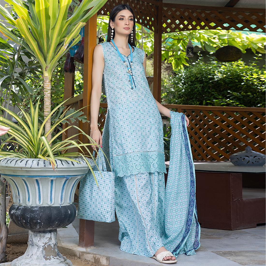 Aqua Blue Palazzo Embroidered Chikankari Lawn Suits