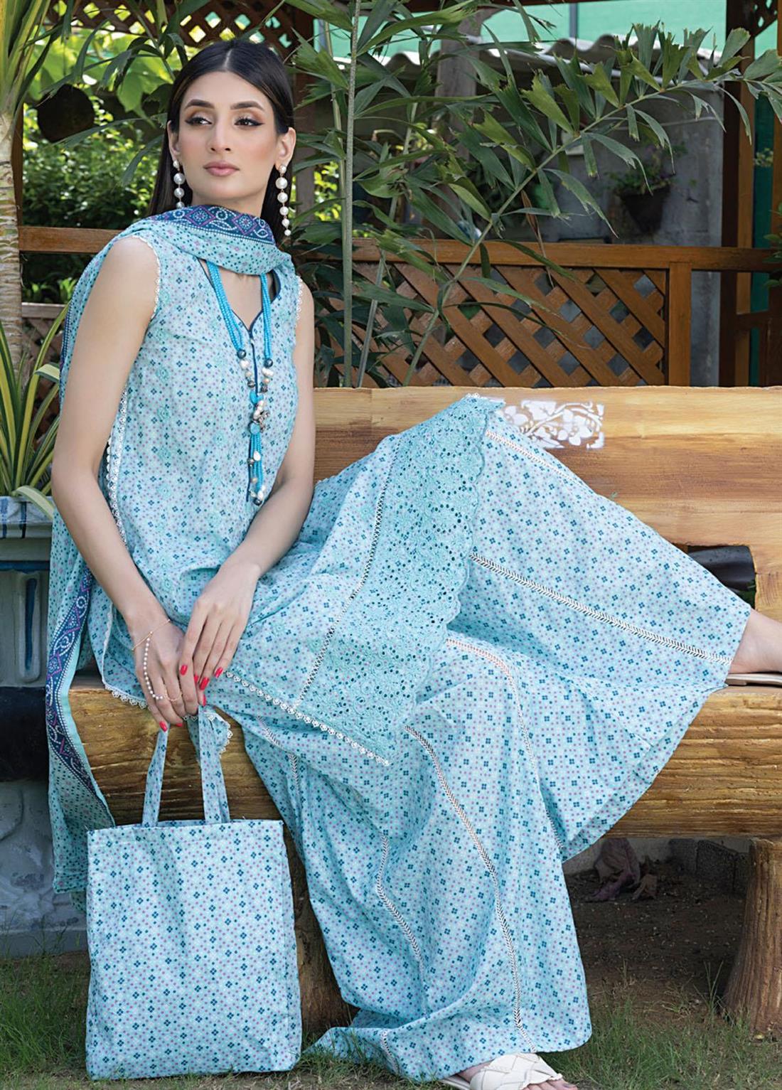 Aqua Blue Palazzo Embroidered Chikankari Lawn Suits