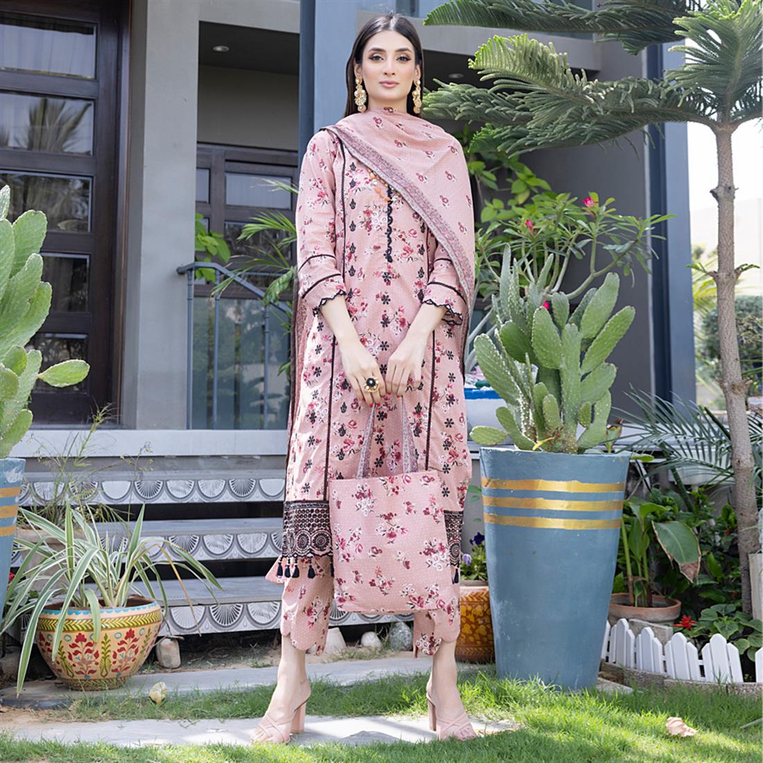Coral Pink Embroidered Lawn 3 Piece Suit