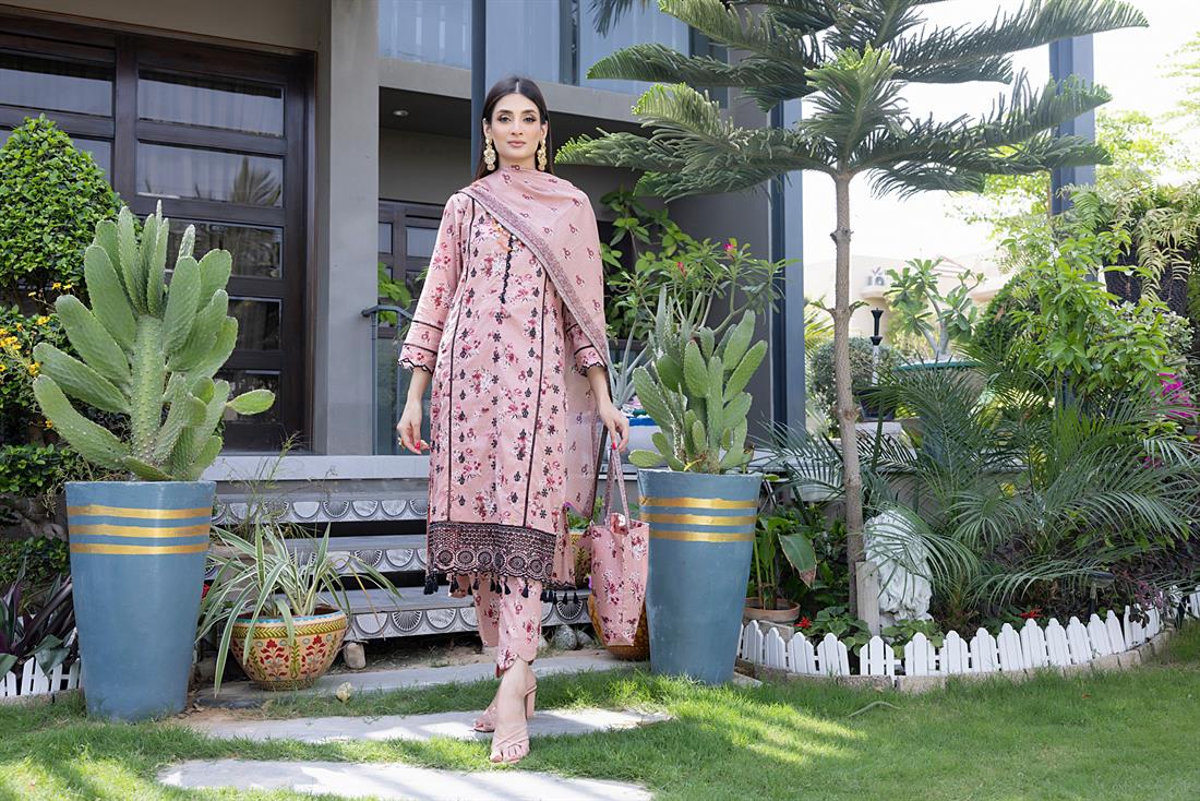 Coral Pink Embroidered Lawn 3 Piece Suit