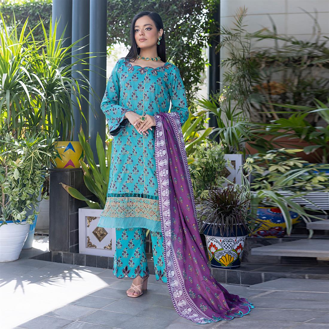 Aqua Blue Palazzo Embroidered Chikankari Lawn 3 Piece Suit