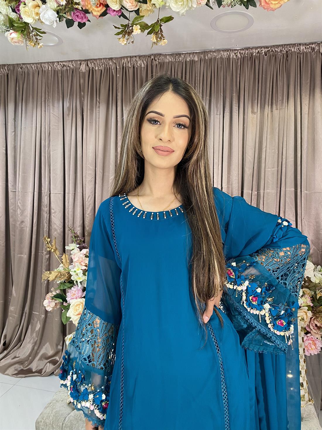 Teal Chiffon Suit with Embroidered Bell Sleeves.