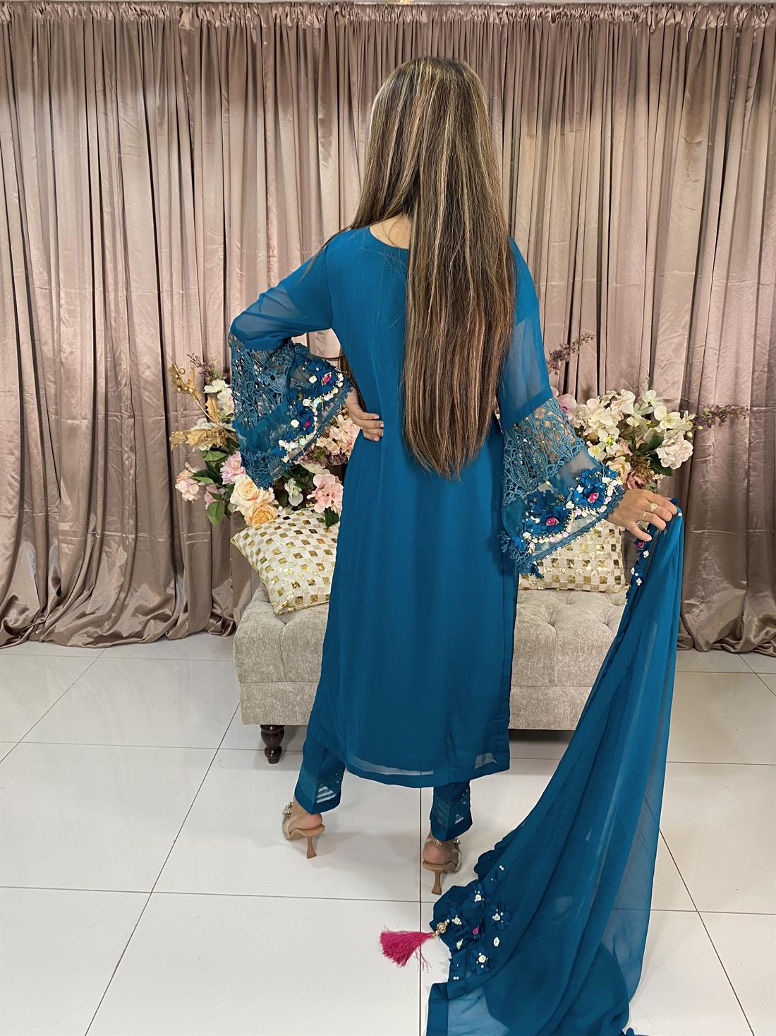 Teal Chiffon Suit with Embroidered Bell Sleeves.