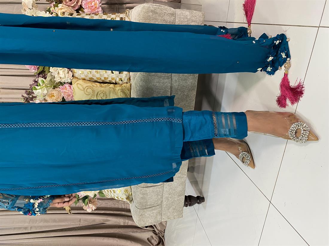 Teal Chiffon Suit with Embroidered Bell Sleeves.