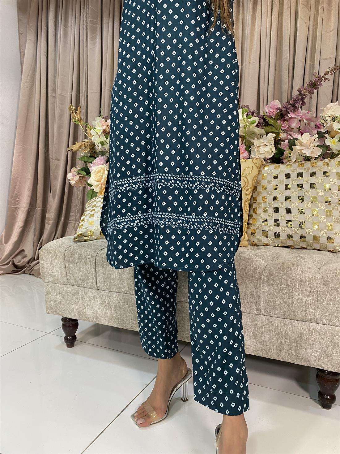 Teal Green Digital Print Linen 2 Piece Shirt and Trouser Set