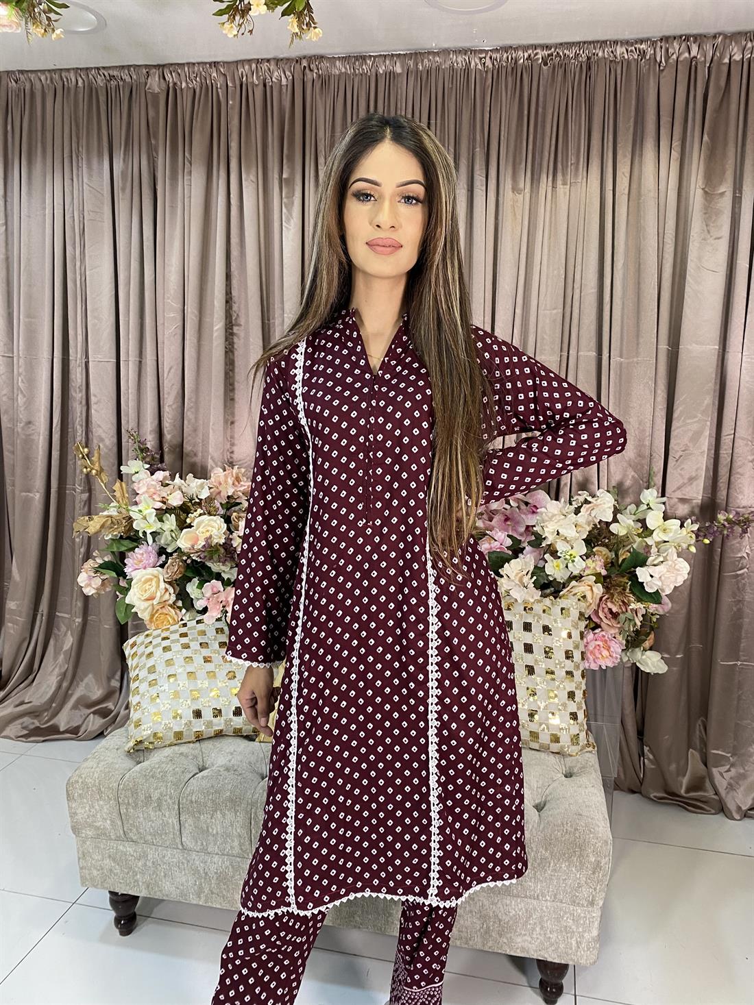 Wine Digital Print Linen 2 Piece Printed Set