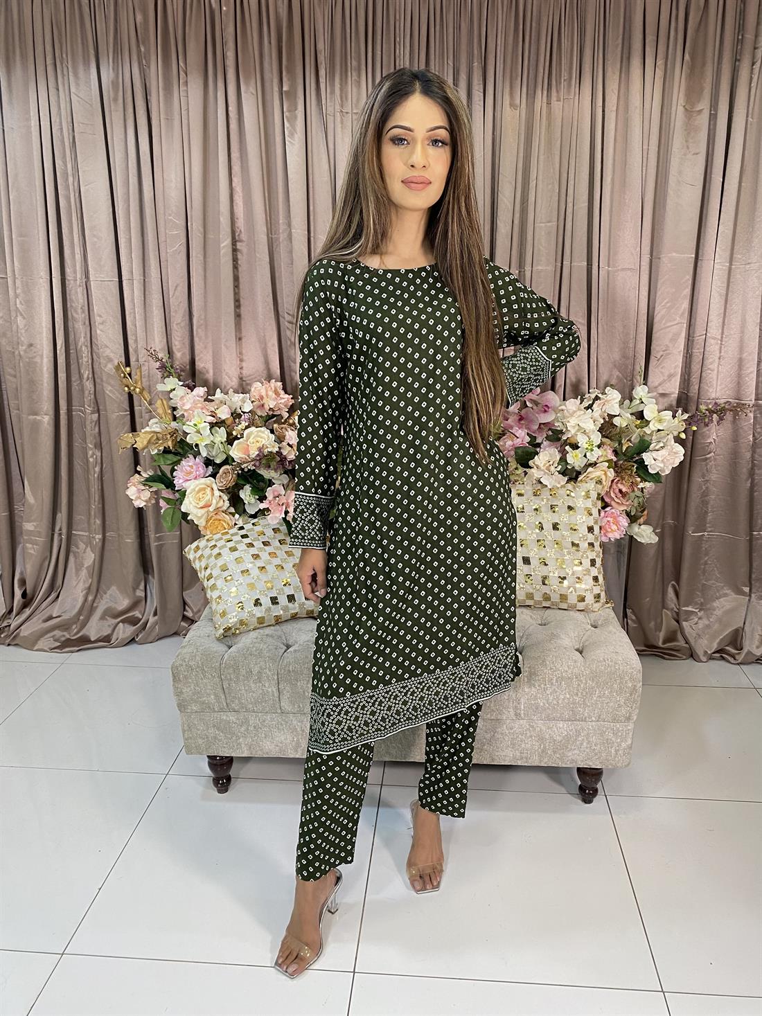 Mehndi Green Digital Print Linen Ladies Readymade
