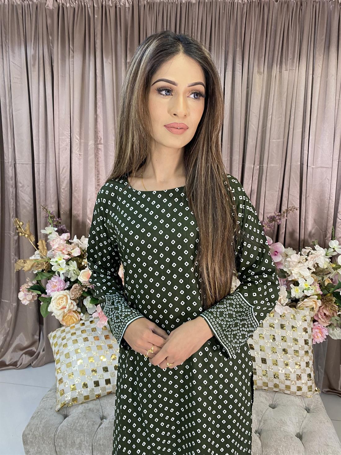 Mehndi Green Digital Print Linen Ladies Readymade