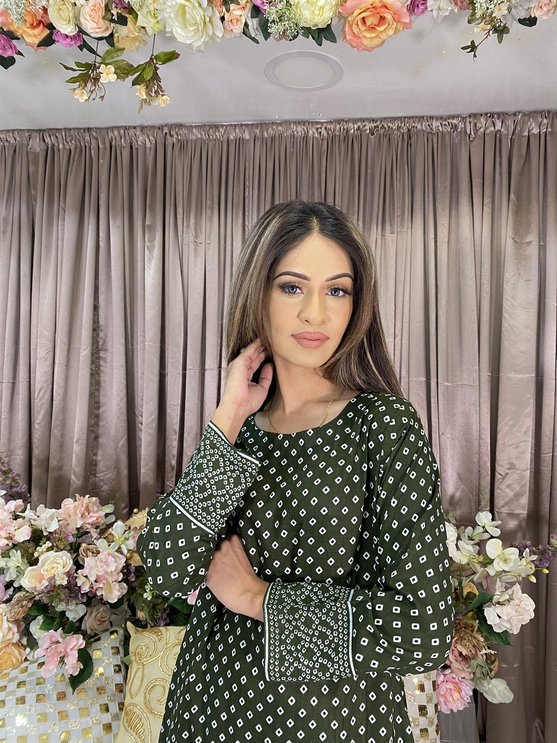 Mehndi Green Digital Print Linen Ladies Readymade