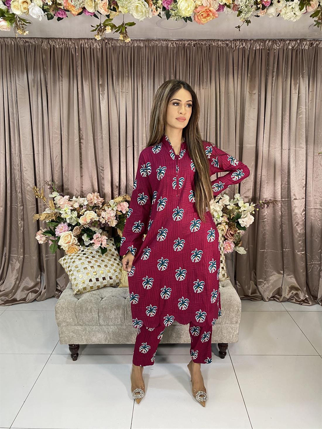 Dark Pink Digital Print Linen 2 Piece Set