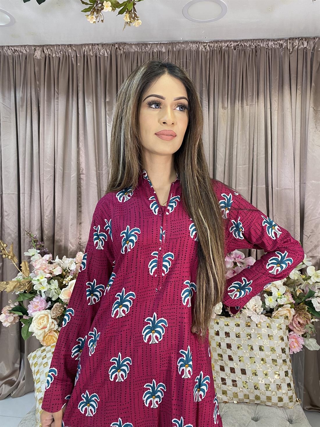 Dark Pink Digital Print Linen 2 Piece Set