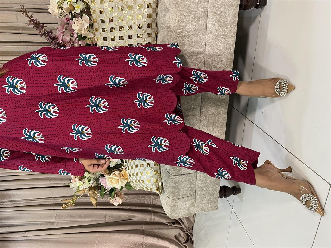 Dark Pink Digital Print Linen 2 Piece Set