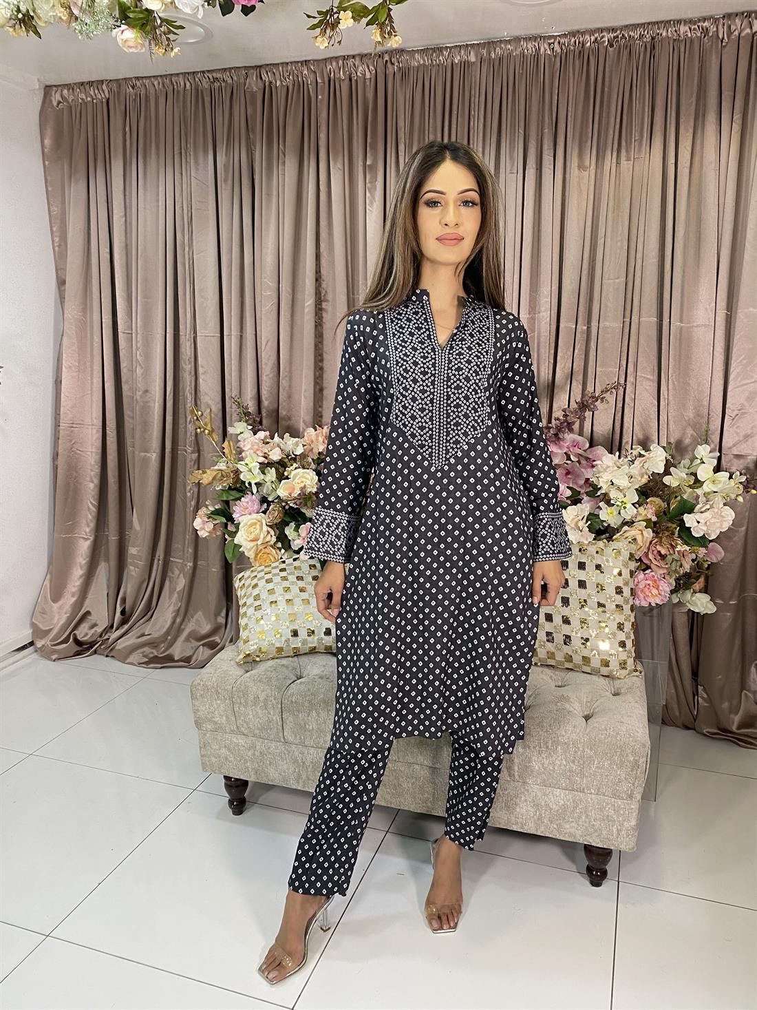Black Digital Print Linen Ladies Readymade