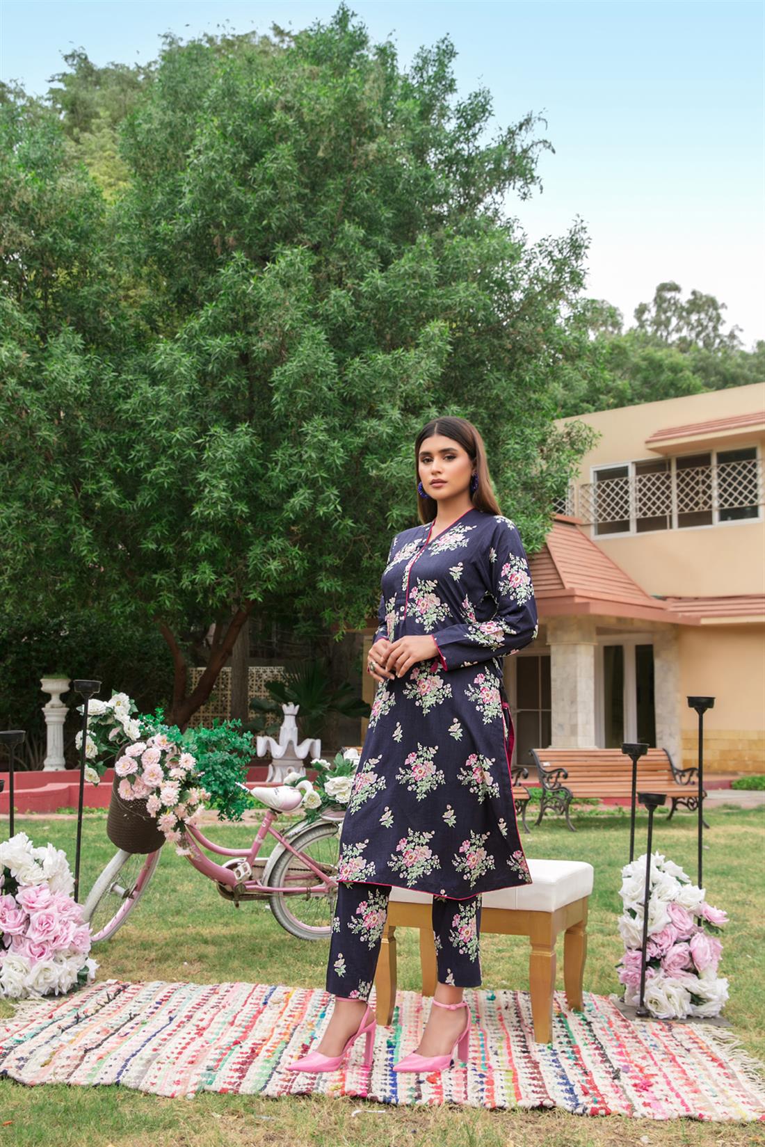 Navy Blue Digital Print Linen Ladies Readymade