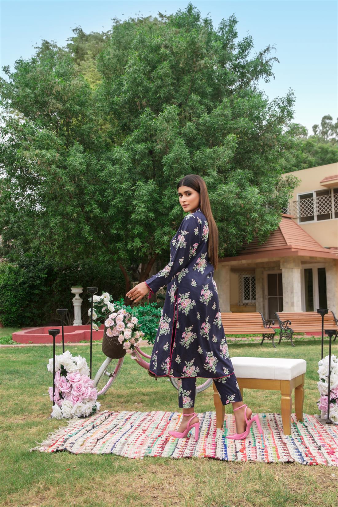 Navy Blue Digital Print Linen Ladies Readymade