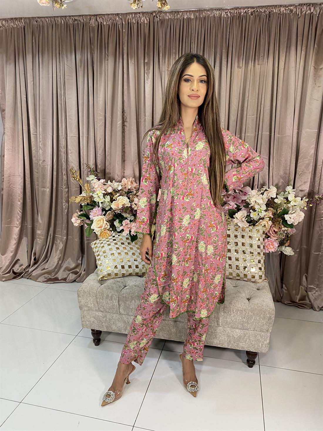 Pink Digital Print Linen 2 Piece Set