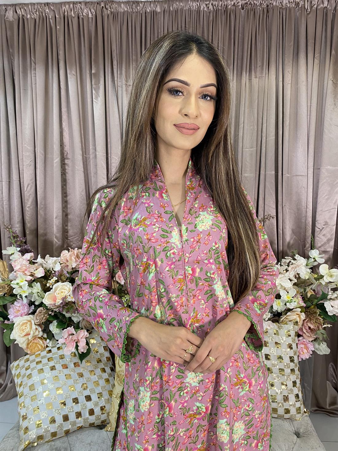 Pink Digital Print Linen 2 Piece Set