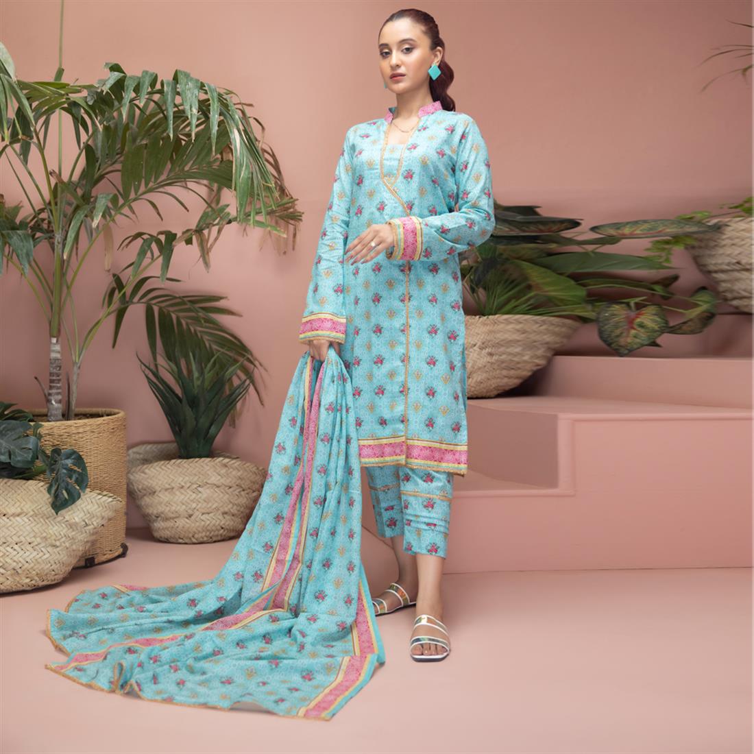 Mint & Multicolour Beaded Lawn Ladies Readymade