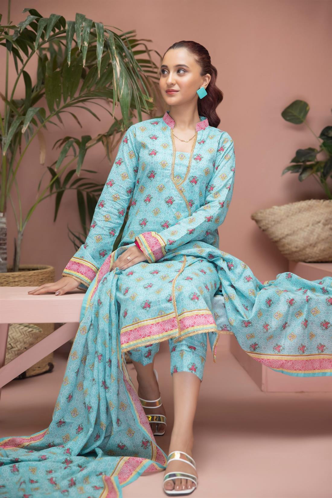 Mint & Multicolour Beaded Lawn Ladies Readymade
