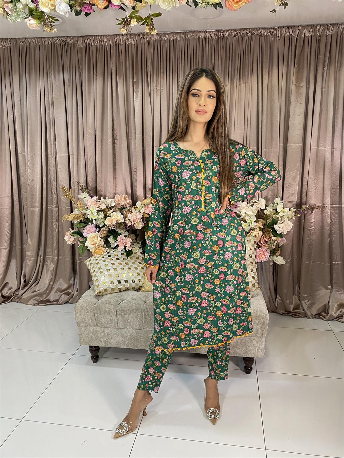 Green Digital Print Linen 2 Piece Set