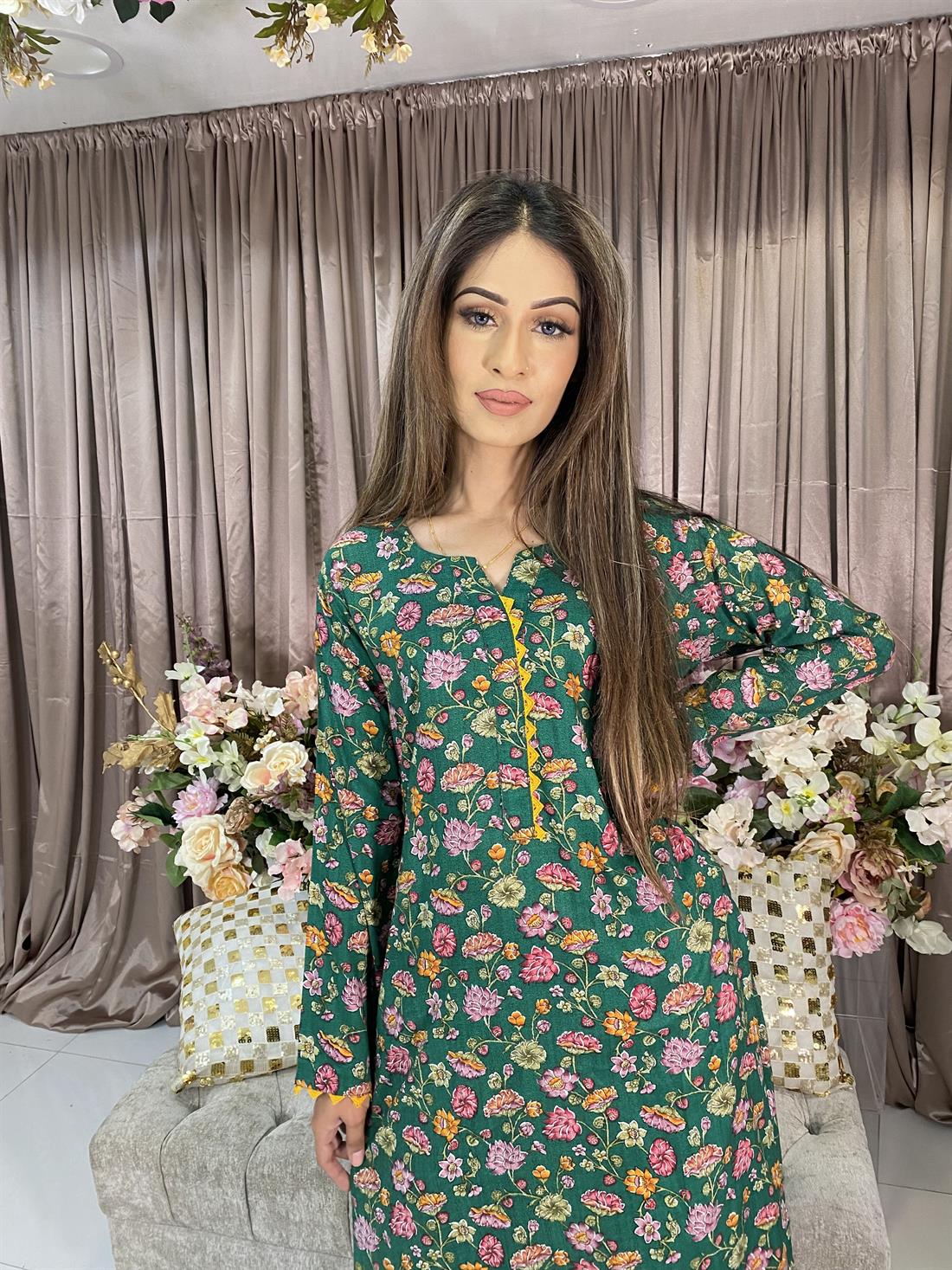 Green Digital Print Linen 2 Piece Set