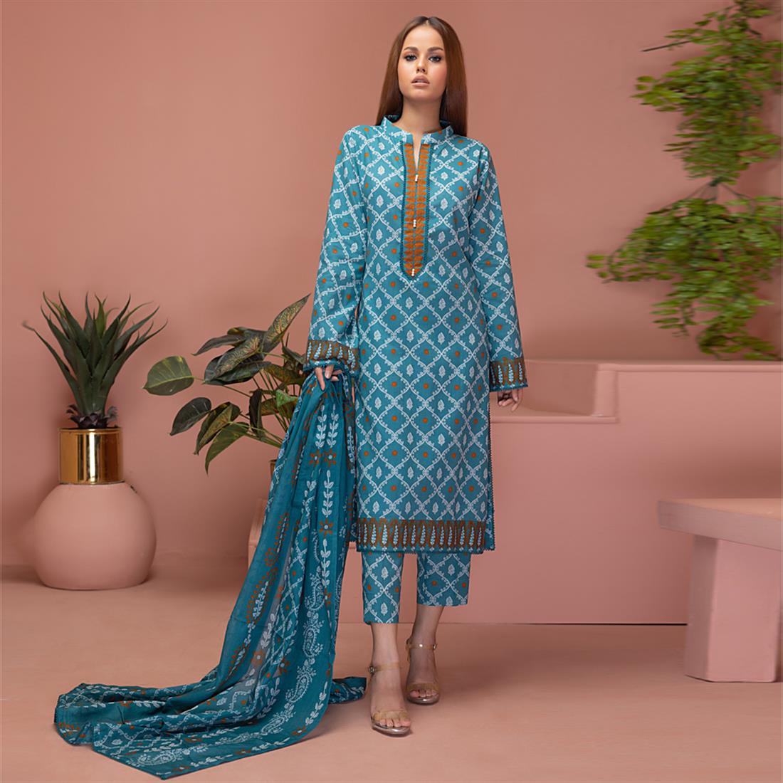 Teal Blue Beaded Lawn Ladies Readymade
