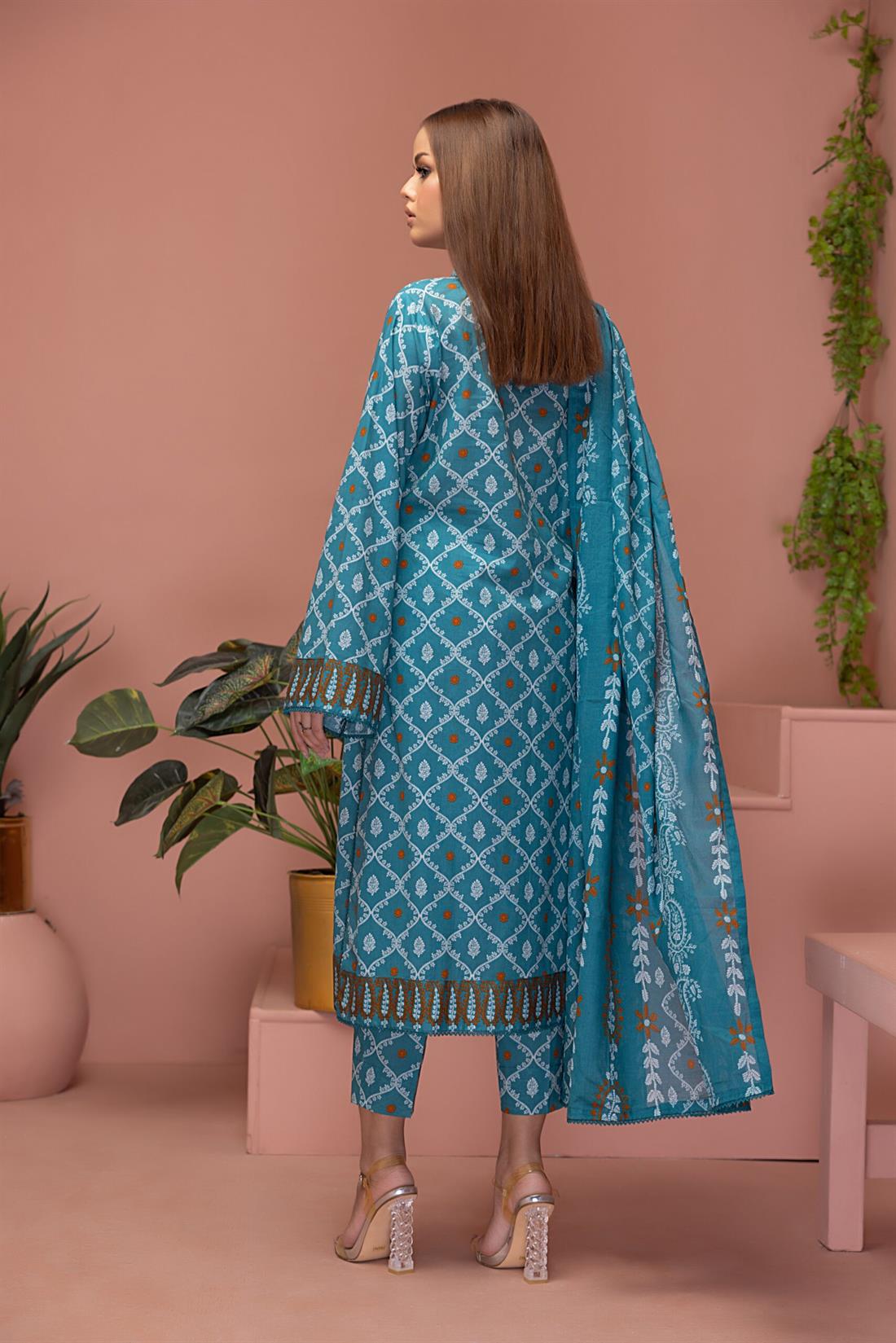 Teal Blue Beaded Lawn Ladies Readymade
