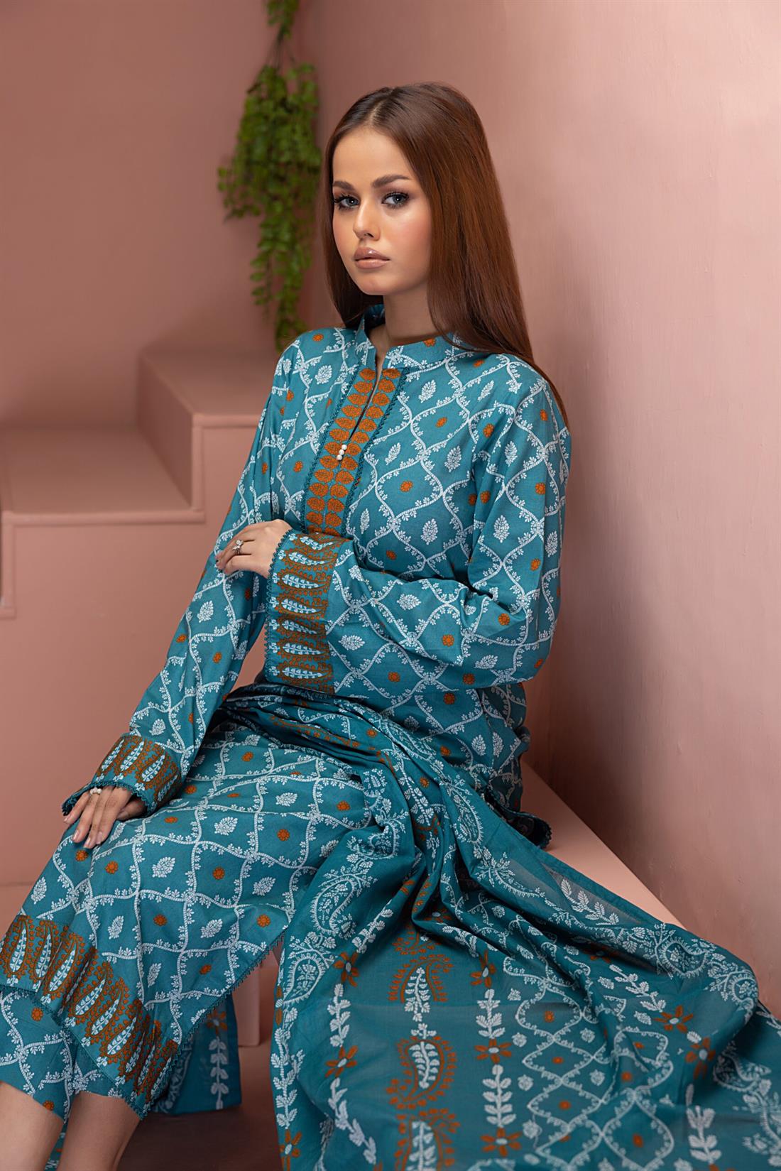 Teal Blue Beaded Lawn Ladies Readymade