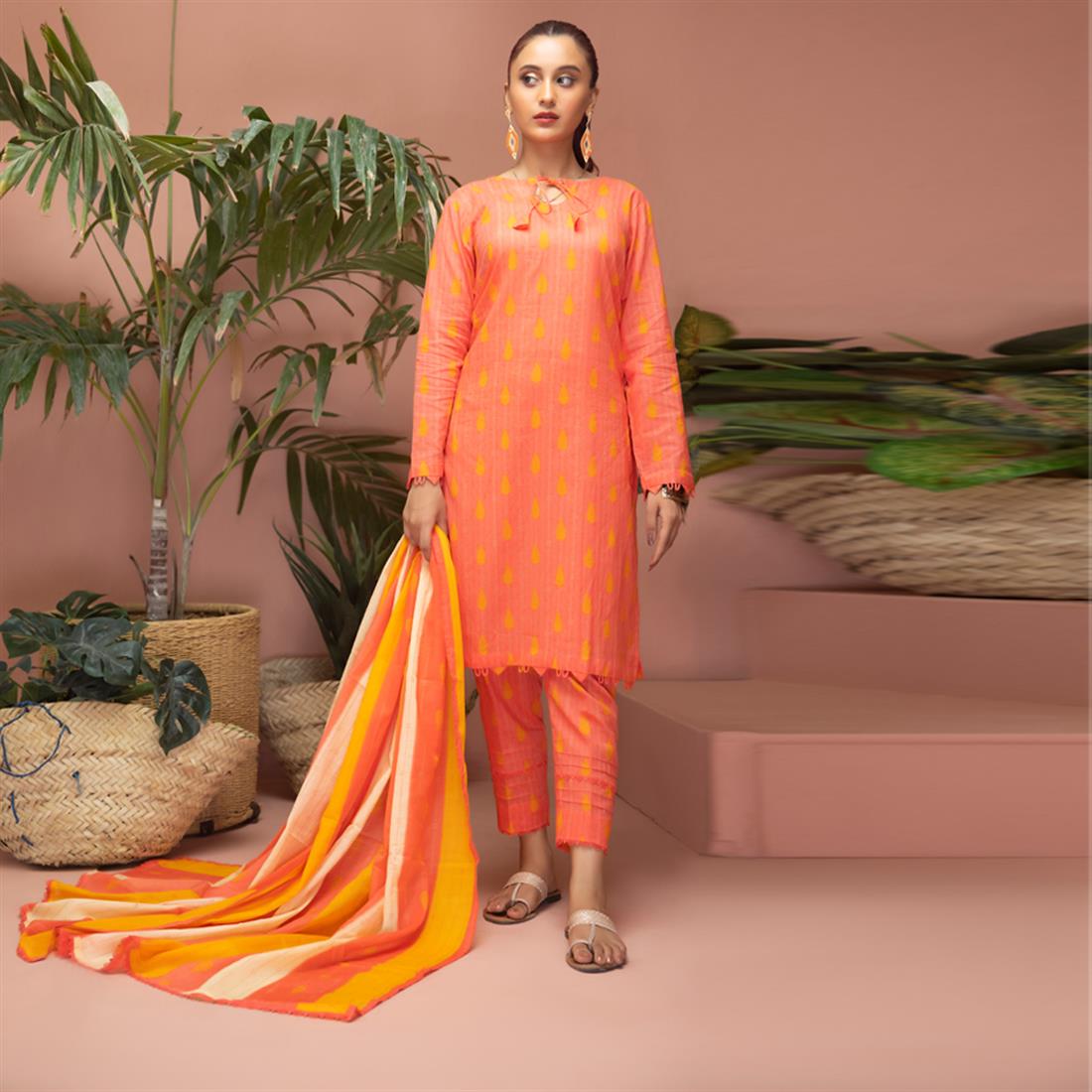 Peach Pink Beaded Lawn Ladies Readymade