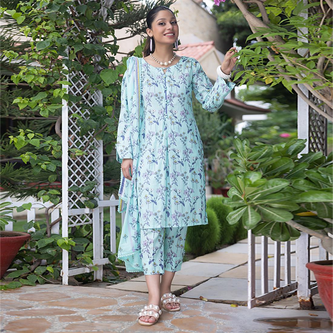 Mint Beaded Lawn Ladies Readymade