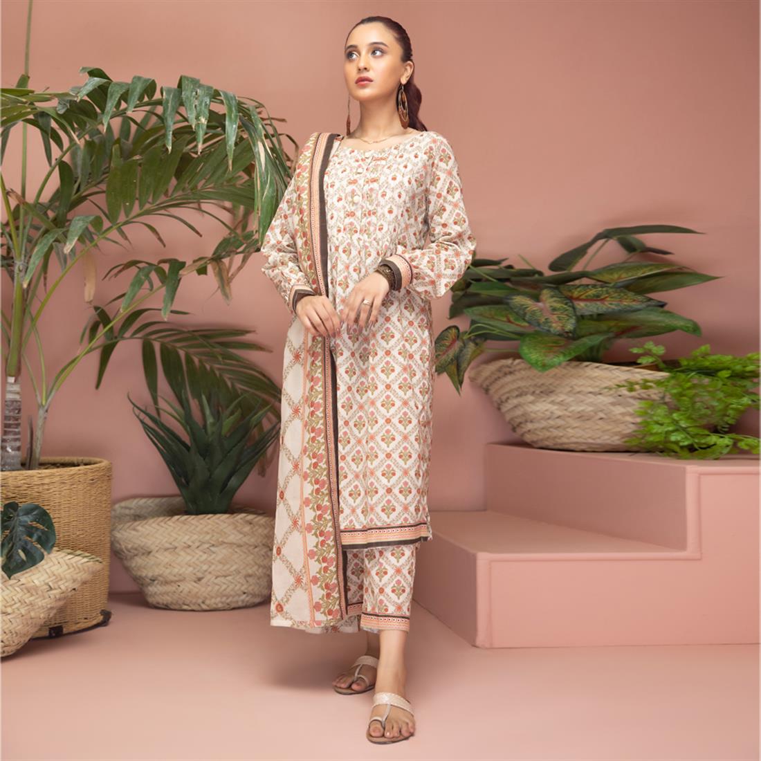 Cream & Multicolour Beaded Lawn Ladies Readymade