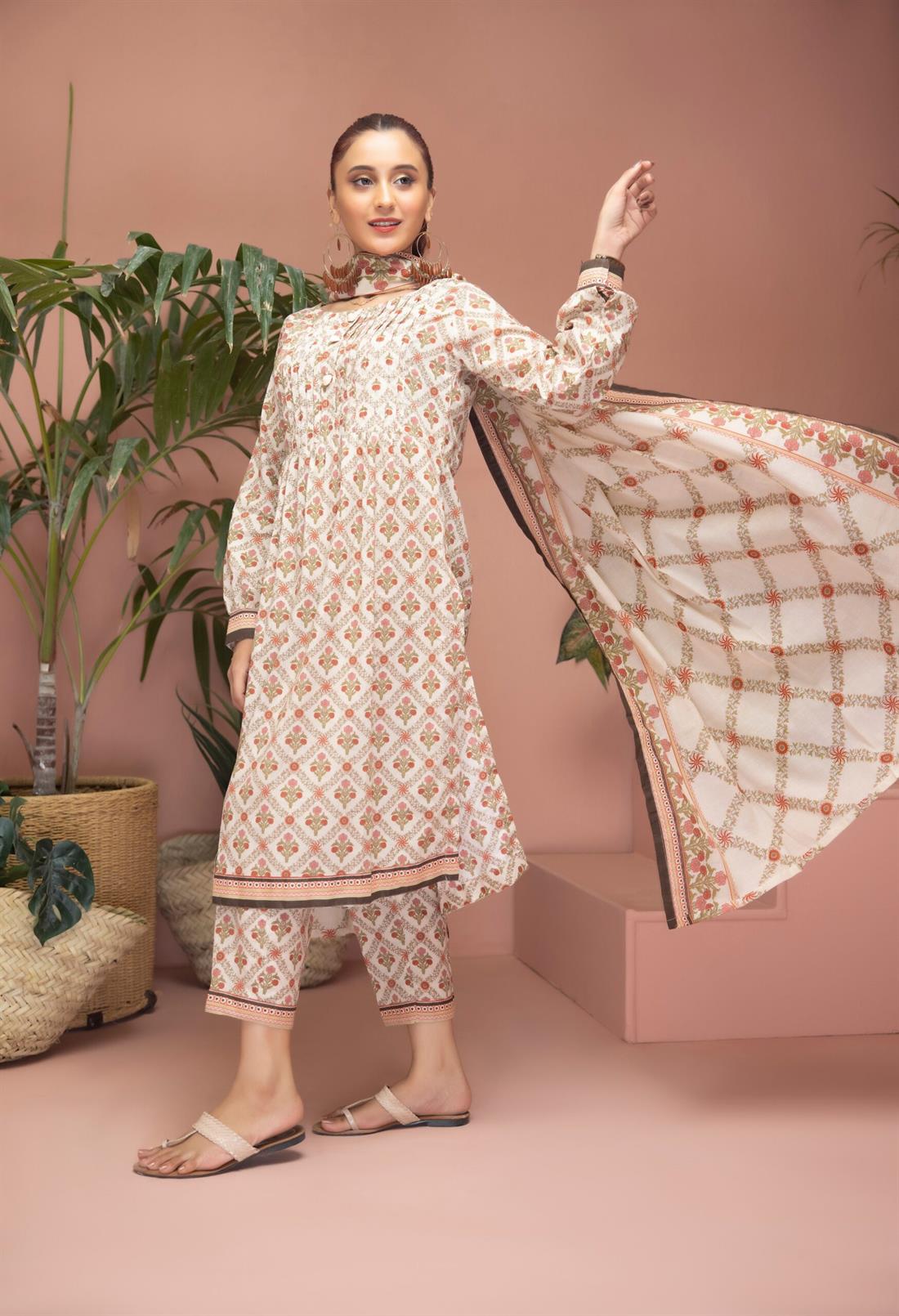 Cream & Multicolour Beaded Lawn Ladies Readymade