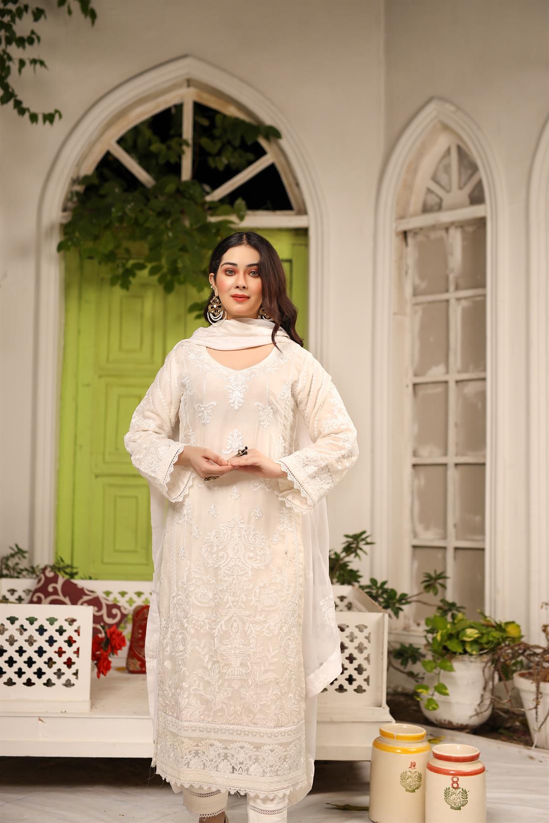 White Linen Embroidered Suit