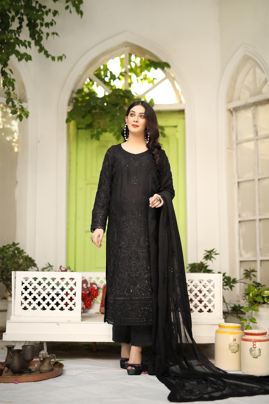 Black Linen Embroidered Suit