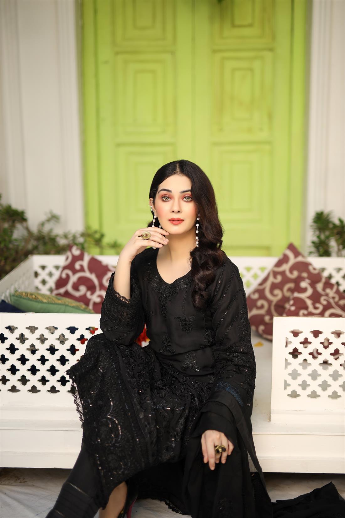 Black Linen Embroidered Suit