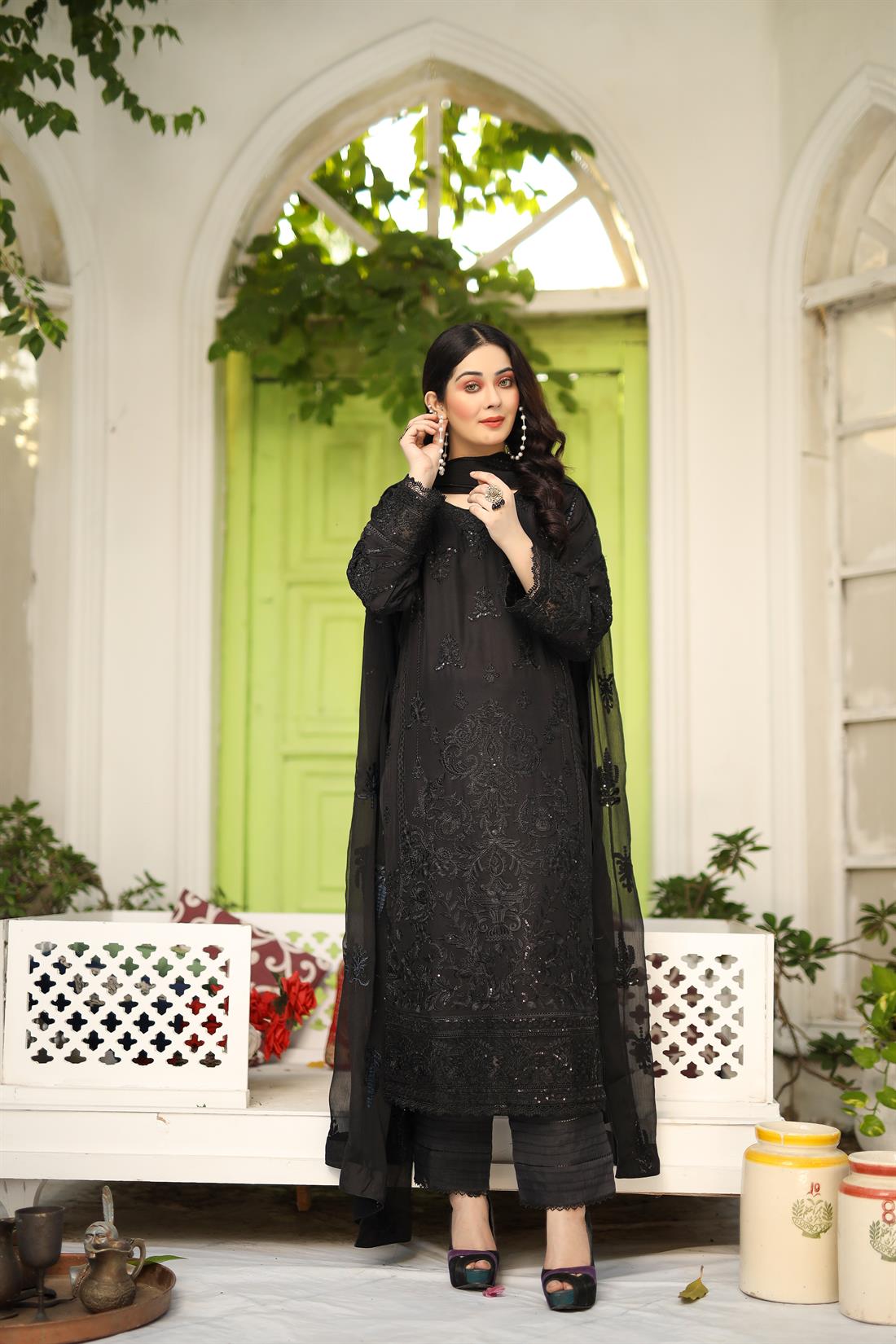 Black Linen Embroidered Suit